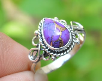 Purple Copper Turquoise Heart Shape Ring 925 Sterling Silver Size 6.25#KD-492 Purple Copper Turquoise Heart Shape Ring 925 Sterling Silver Size 6.25#KD-492
