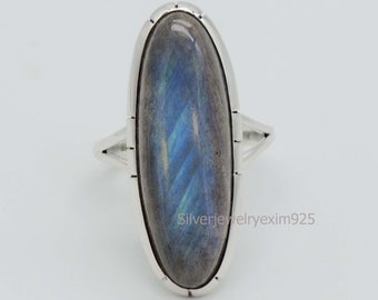 Anillo de labradorita / Anillo de fuego de piedra grande / Anillo de labradorita ovalado de 10x30 mm / Anillo de compromiso de labradorita / Anillo de fuego azul / Anillos de declaración