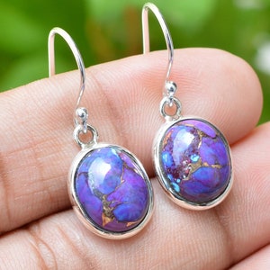 Purple Copper Turquoise Earrings: Oval Sterling Silver Dangle Earrings