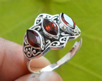 Multi-Stone Garnet Ring 925 Sterling Silver Oxidized Beaded Silver Garnet Ring
