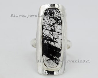 Schwarzer Rutilquarz 925 Sterling Silber Ring: Handgemachter Boho Statement Ring