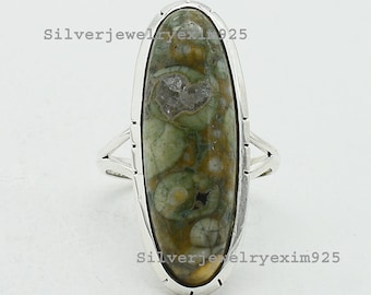 Rain Forest Jasper 925 Sterling Silver Ring: Boho Statement Jewelry