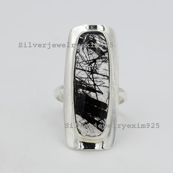 Black Rutile Quartz 925 Sterling Silver Ring: Handmade Bohemian Statement Ring
