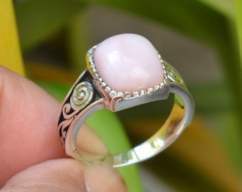 Oxidized Sterling Silver Pink Opal Ring: Square Gemstone