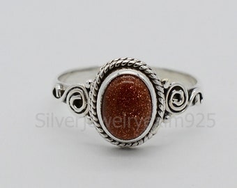 Handmade Oval Brown Goldstone Ring: 925 Sterling Silver Statement Ring