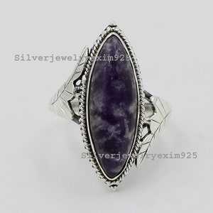 Handmade Lepidolite 925 Sterling Silver Ring: Marquise Gemstone