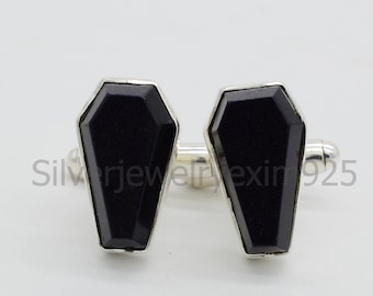 Black Onyx Coffin Cufflinks, 925 Sterling Silver Gemstone Jewelry