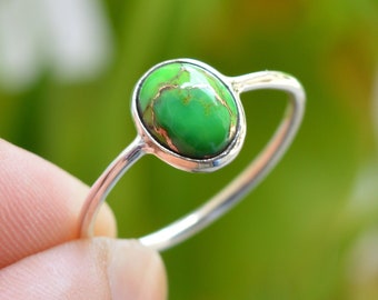 Grüner Kupfer-Türkis-Ring, 925er Silberringe, ovaler Türkis-Ring, Edelstein-Ring, Damenringe, Kupfer-Türkis-Ring, Geburtsstein-Schmuck.