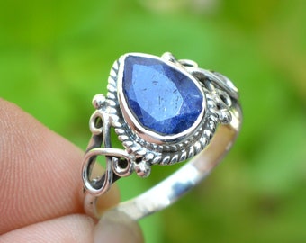 Pear Blue Sapphire Ring: Gothic Sterling Silver Jewelry