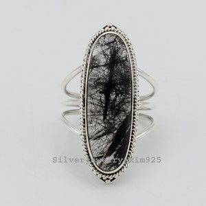 Oval Black Rutile Quartz Ring: Sterling Silver Statement Ring