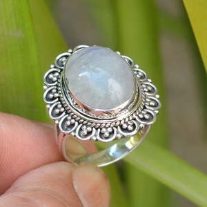 Handmade Rainbow Moonstone Ring: Sterling Silver Bohemian Jewelry