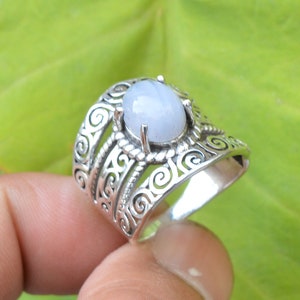 Anel de prata esterlina 925 com ágata de renda azul: aliança de casamento feita à mão com pedras preciosas
