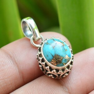 Blue Copper Turquoise Pendant: 925 Sterling Silver, Minimalist Fidget