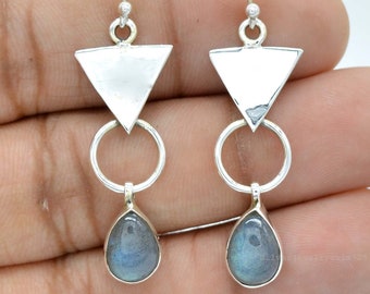 Blue Fire Labradorite Earrings: Sterling Silver Teardrop Dangle