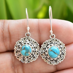 Blue Copper Turquoise Filigree Earrings: 925 Sterling Silver Dangle