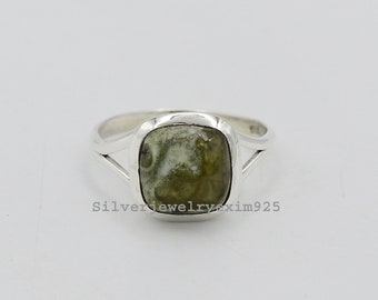 Handmade Rain Forest Jasper Ring: Sterling Silver Cushion Stone