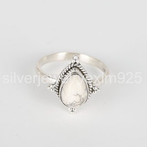 Handmade Pear White Howlite Ring: Sterling Silver Gemstone Ring