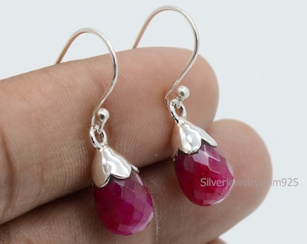 Red Ruby Dangle Earrings: 925 Sterling Silver Briolette Drop