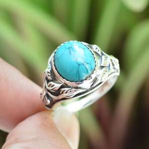 Blue Turquoise Ring: Oval Sterling Silver Wedding Engagement Ring