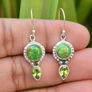 Green Copper Turquoise Earring, 925 Sterling Silver Earring, Dainty Earring, Turquoise Earring, Peridot Earring for Sale, Birthstone Jewelry