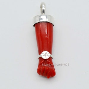 Handmade Sterling Silver Figa Pendant: Red Coral Charm