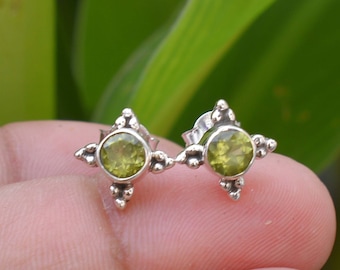 Handmade Peridot Stud Earrings: 925 Sterling Silver, Round Green Gemstone