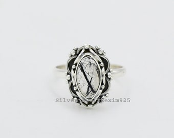 Schwarzer Rutilquarz Ring: Marquise 925 Sterling Silber Damen Schmuck
