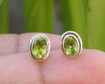 Handmade Oval Peridot Stud Earrings: 925 Sterling Silver