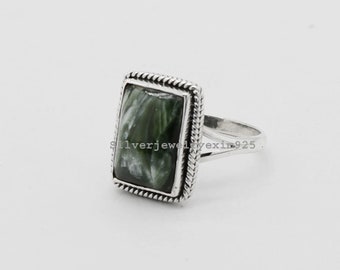 Green Seraphinite Ring: Handmade 925 Sterling Silver Statement Jewelry