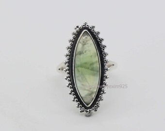 Handmade Marquise Prehnite Ring: Sterling Silver Statement Ring