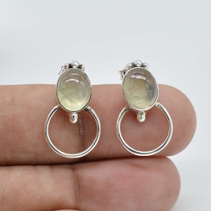 Natural Prehnite Silver Earrings, Handmade Earrings, 925 Sterling Silver Earrings, Stud Earrings, Women Earrings, Gemstone Earrings.