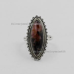 Pink Rhodonite Sterling Silver Ring: Marquise Boho Jewelry