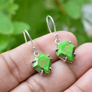 Green Copper Turquoise Earrings, Gemstone Earrings, Dangle Drop Earrings, 925 Sterling Silver Jewelry, Engagement Gift, Earrings For Love.