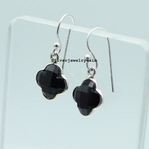 Black Onyx Earrings, Black Onyx Silver Earrings, Clover Stone Earrings, Gemstone Jewelry, Dangle Earring, Wedding Gifts, Women's Earrings