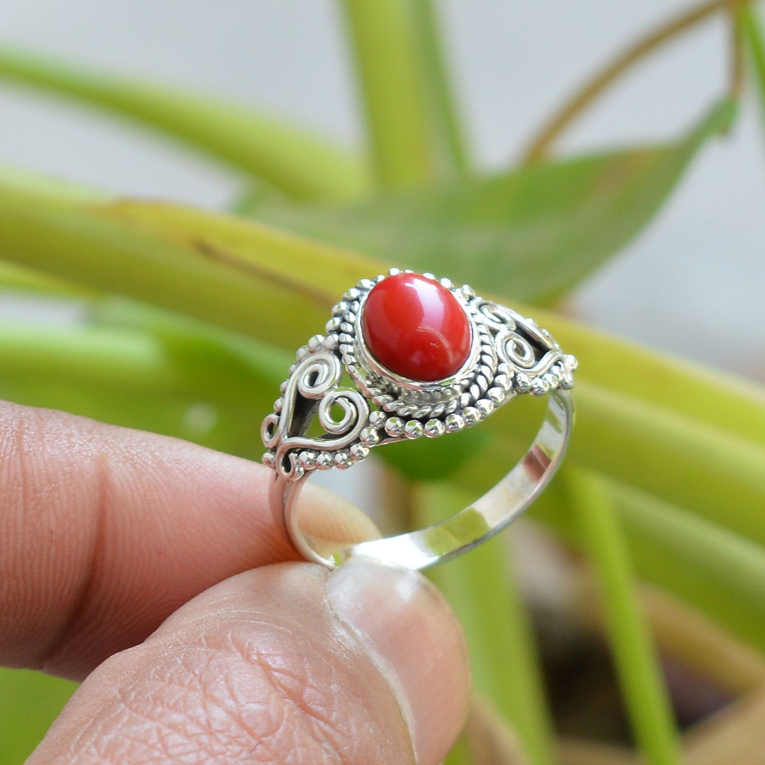 handmade ring w/ coral 24k yellow gold over silver Turkish fine jewelr