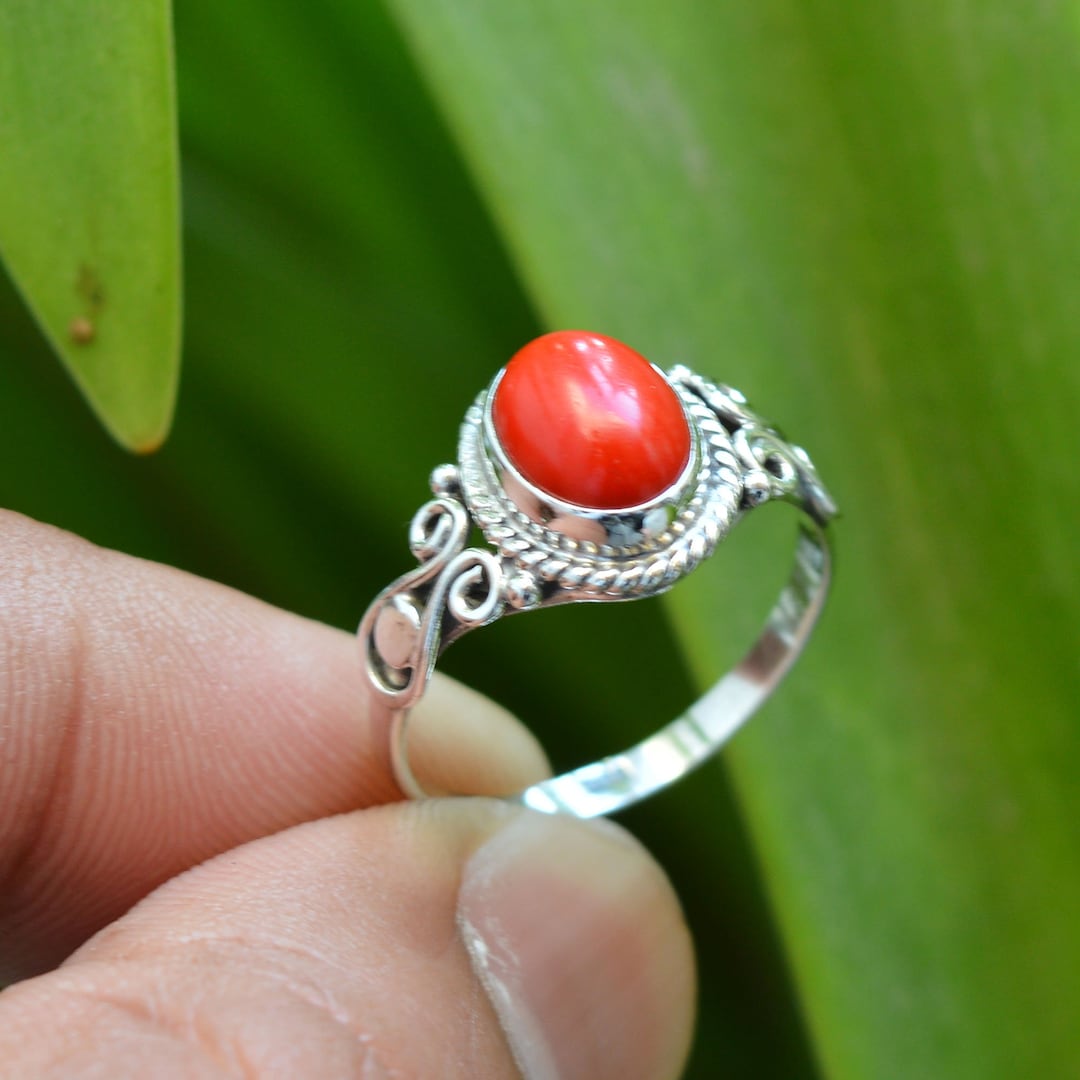 Red Coral Ring Oxidized Ring 925 Sterling Silver Rings 7x9 Mm Oval Coral Ring Gemstone Jewelry Women Rings Red Coral Gemstone Ring Etsy