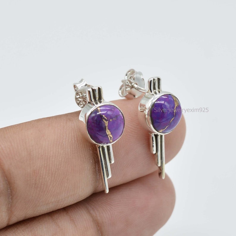 Dangle Earring Purple Turquoise Earrings Gift For Wife Teardrop Earring 8mm Round Purple Turquoise Earring Sterling Silver Earring