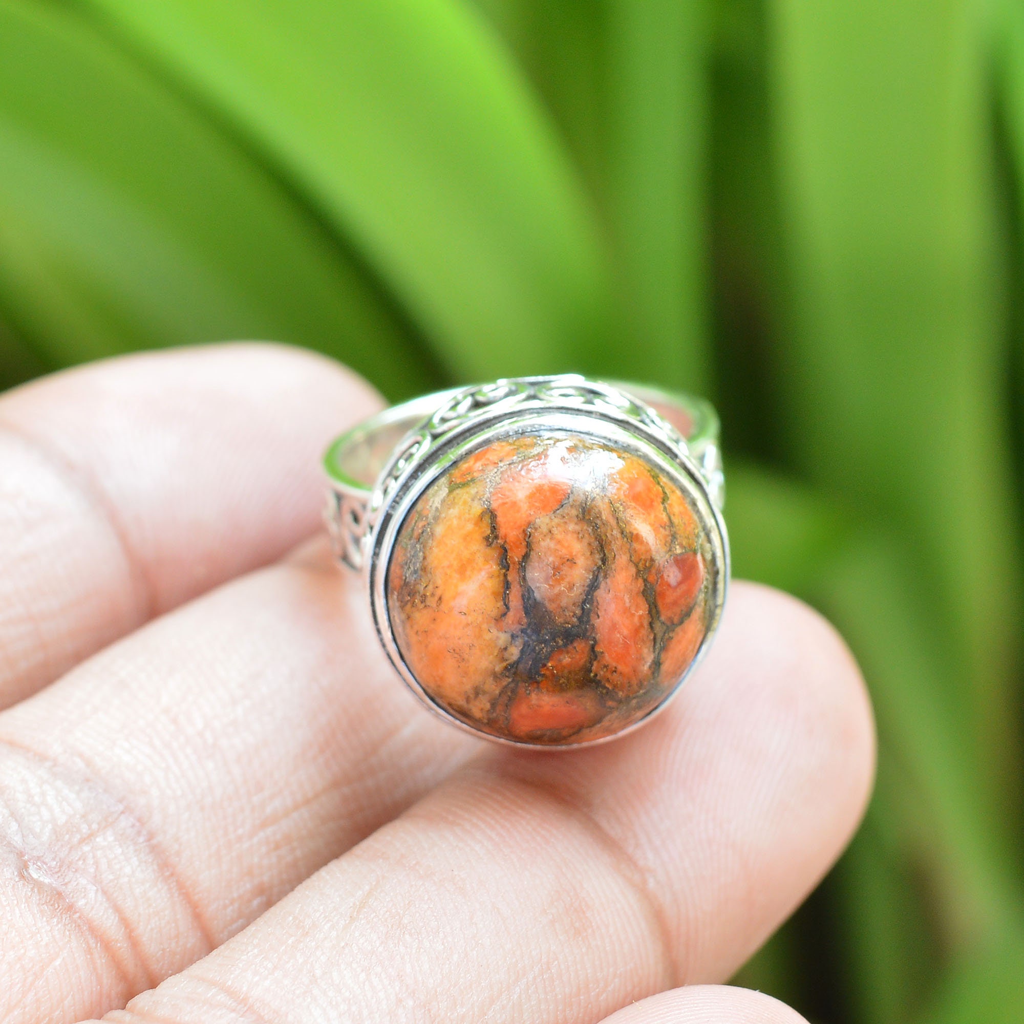 Beautiful Turquoise Ring Orange Turquoise Ring 15mm Round Etsy