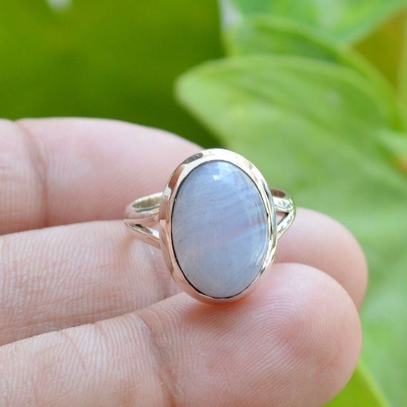 LARGE 1 58 Blue Lace Agate Statement Ring Oval .925 Sterling Silver Size 9 14