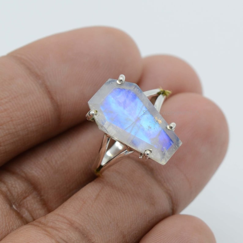 Rainbow Moonstone Coffin Ring | 925 Sterling Silver Ring | 10x17 mm Rainbow Moonstone Ring | June Birthstone Ring | Coffin Gemstone Ring 