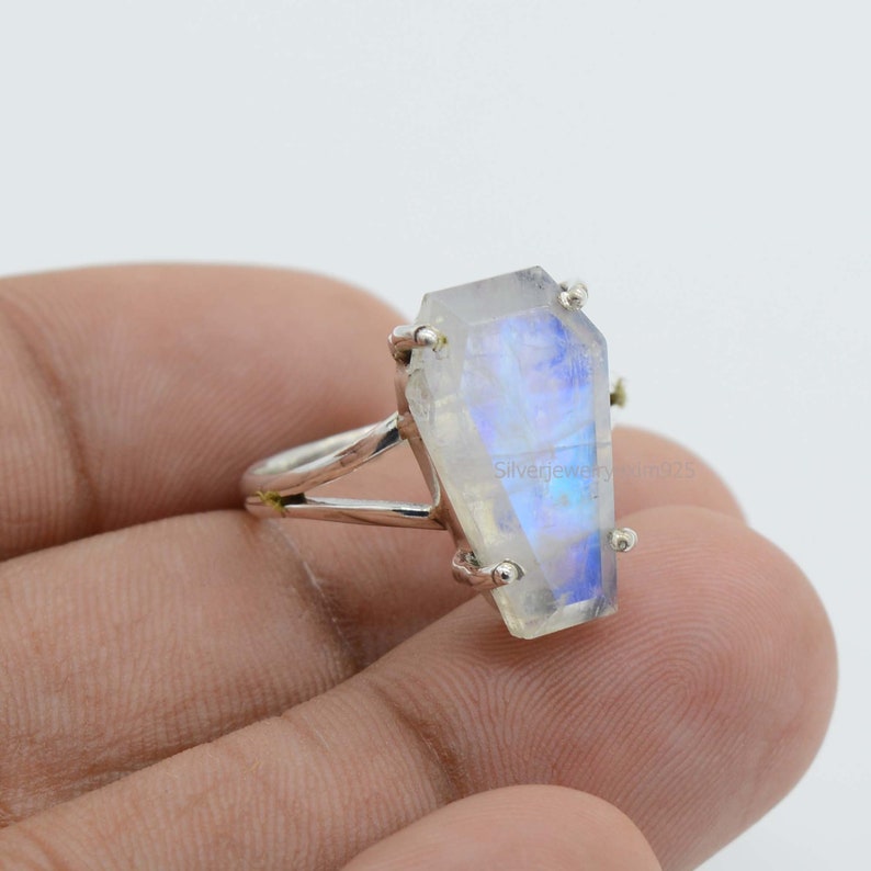Rainbow Moonstone Coffin Ring 925 Sterling Silver Ring 10x17 mm Rainbow Moonstone Ring June Birthstone Ring Coffin Gemstone Ring image 7