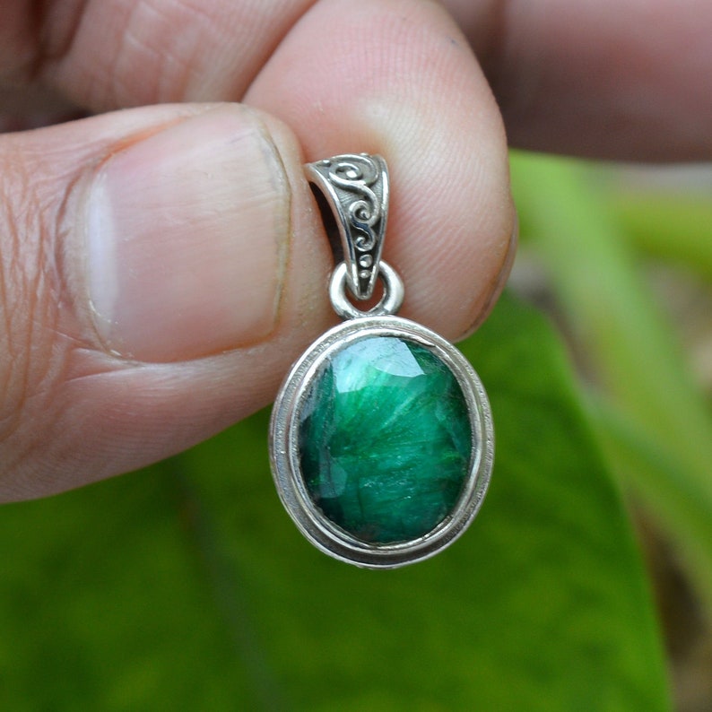 Green Emerald Pendant, 925 Solid Sterling Silver Pendant, Handmade Jewelry, Womens Necklace, Silver Pendant, Antique Jewelry, Gift for her. image 1