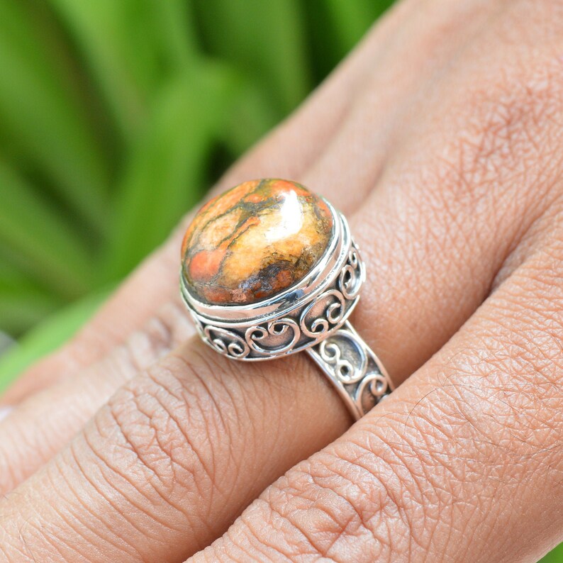 Orange Copper Turquoise Ring 925 Silver Rings 15mm Round Etsy