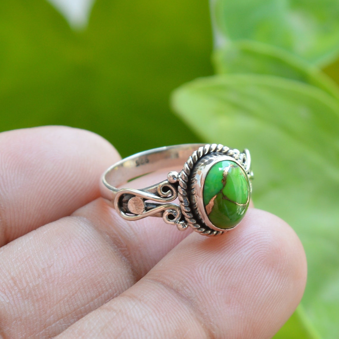 Green Turquoise Ring Sterling Silver Rings 7x9 mm Oval Etsy