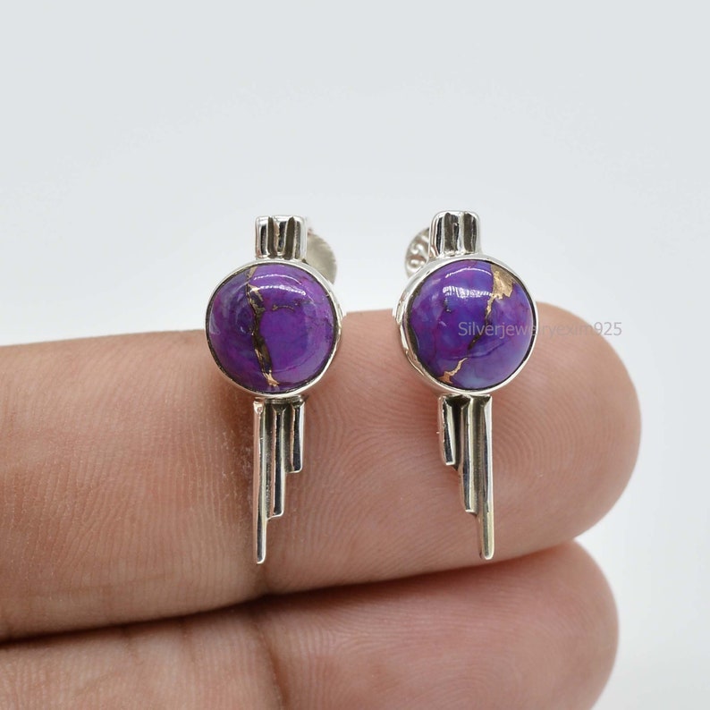 Dangle Earring Purple Turquoise Earrings Gift For Wife Teardrop Earring 8mm Round Purple Turquoise Earring Sterling Silver Earring