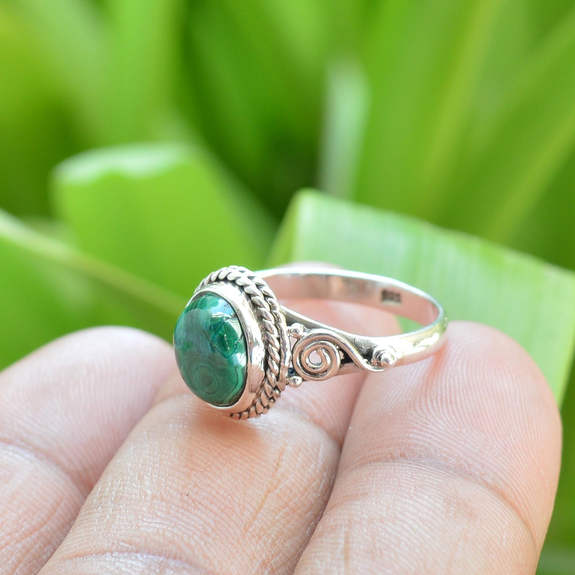 Koral Jewelry Marquise Malachite Ring - 925 Sterling Silver Boho Vintage Style