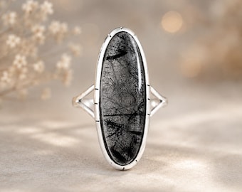 Schwarzer Rutilquarz Oval Ring, Sterling Silber Schmuck (10 x 30 mm)