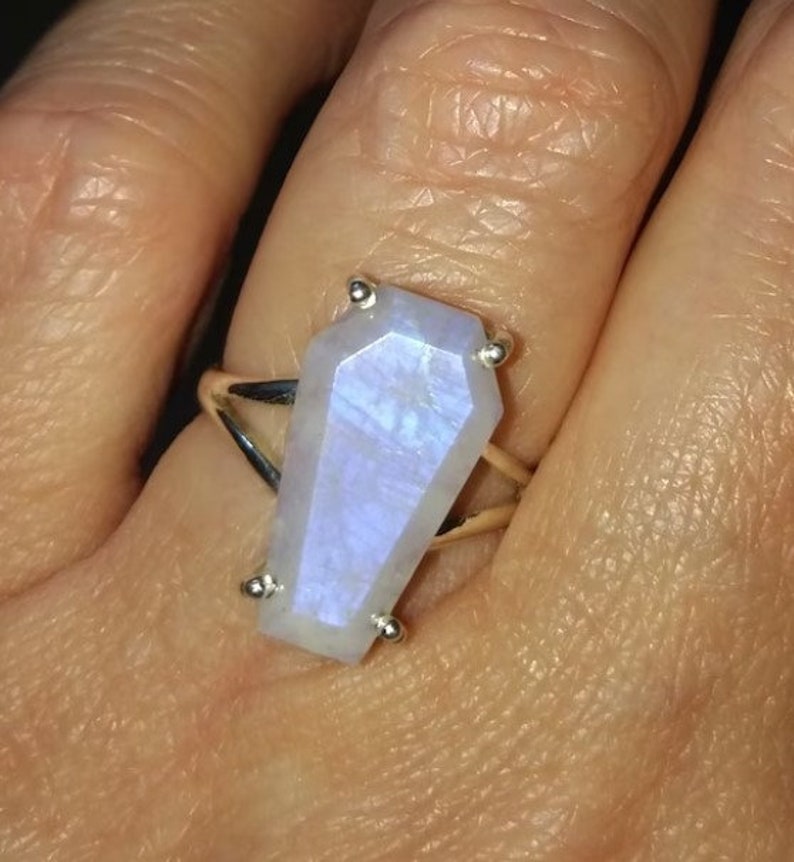 Rainbow Moonstone Coffin Ring 925 Sterling Silver Ring 10x17 mm Rainbow Moonstone Ring June Birthstone Ring Coffin Gemstone Ring image 2