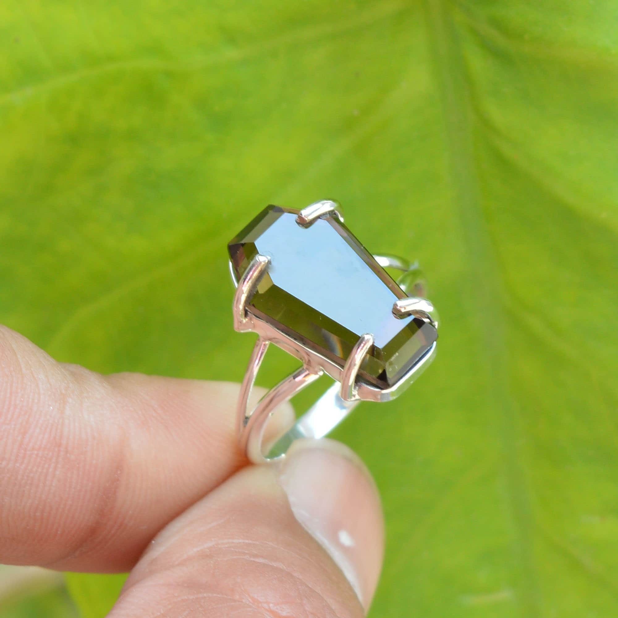 Anello In Argento 925 Con Quarzo Fumoso Naturale – Forma Bara (Coffin) – Fatto A Mano MO117