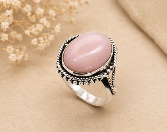 Handmade Sterling Silver Oval Pink Opal Ring, Vintage Inspired Gemstone Jewelry